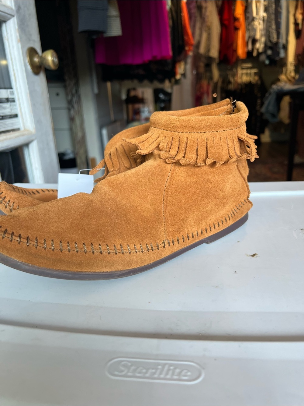 Minnetonka Suede Moccasin Slipper in Brown